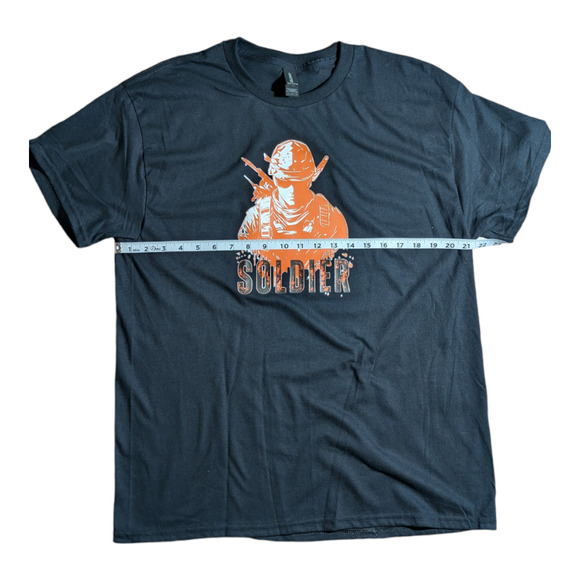 Soldier - Orange/White Graphic - Black Tee Shirt - Size L - All Genders - NWOT - Picture 3 of 7